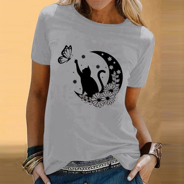 iTNHFP T-Shirt en Coton pour Femmes Chemises Printemps Été Imprimé Chats Manches Courtes Col Rond T-Shirt Haut