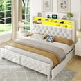 thumbnail image 3 of Romorgniz Queen Size Platform Bed Frame with 4 Storage Drawers & 2-Tier Storage Shelf &LED Light,Beige, 3 of 9
