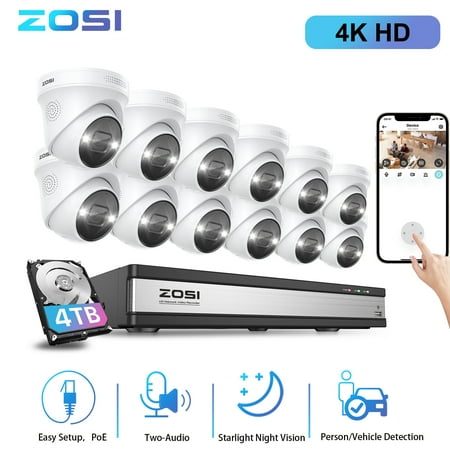 ZOSI 16 Channel 4K Home Security Camera System  AI-Human-Detection  4K 16CH NVR with 4TB HDD for 24/7 Recording  12pcs 4K wired Outdoor PoE IP Cameras