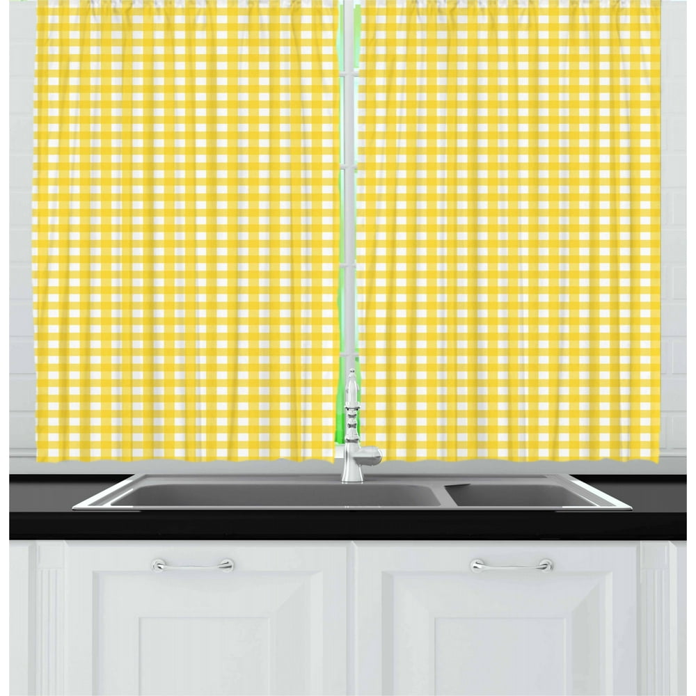 Checkered Curtains 2 Panels Set, Classic English Pattern in Yellow