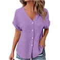 thumbnail image 3 of Women's V-Neck Button Up Short Sleeve Shirt Top Pullover Jacket Pocket Casual Loose Fit Solid Color Fashion Summer | CSEONE,Purple XL, 3 of 9