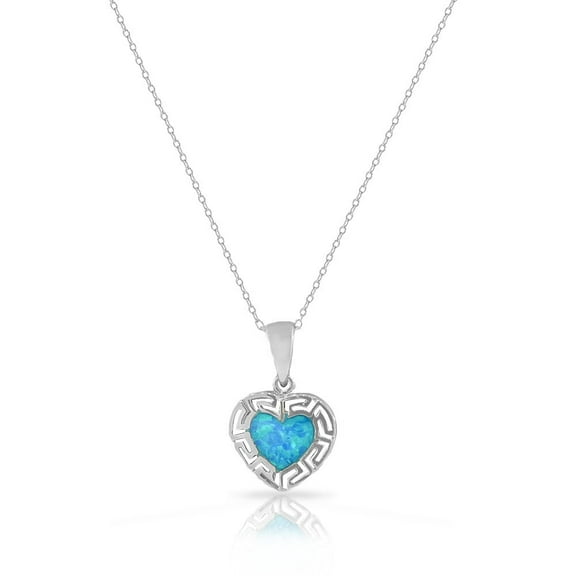 925 Sterling Silver Blue Turquoise-Tone Simulated Opal Love Heart Greek Key Pendant Necklace