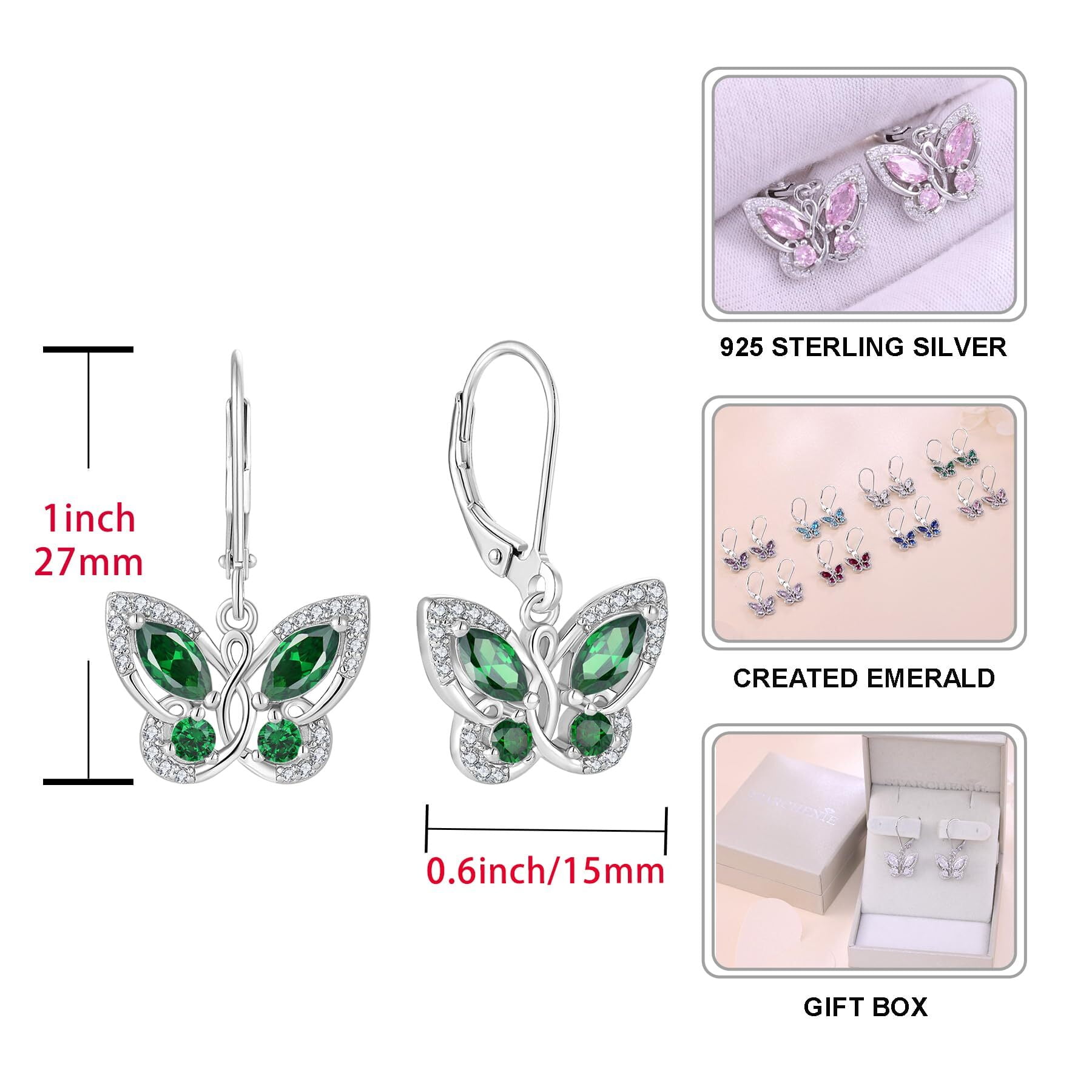 Starchenie Butterfly Earrings for Women 925 Sterling Silver Leverback Earrings Birthstone May Emerald Butterfly Jewelry Gifts
