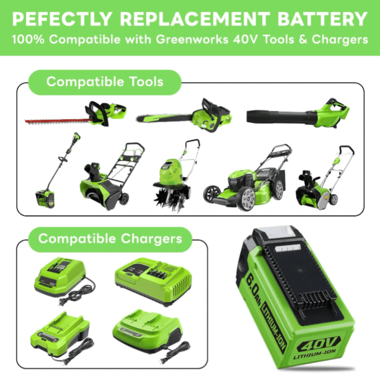 2Packs 40V 6.0Ah Extend Capacity Replacement for Greenworks 40V Battery Lithium Compatible with Greenworks 40 Volt Battery 29252 20202 22262 25312 20642 22272 29462 29472 Tools