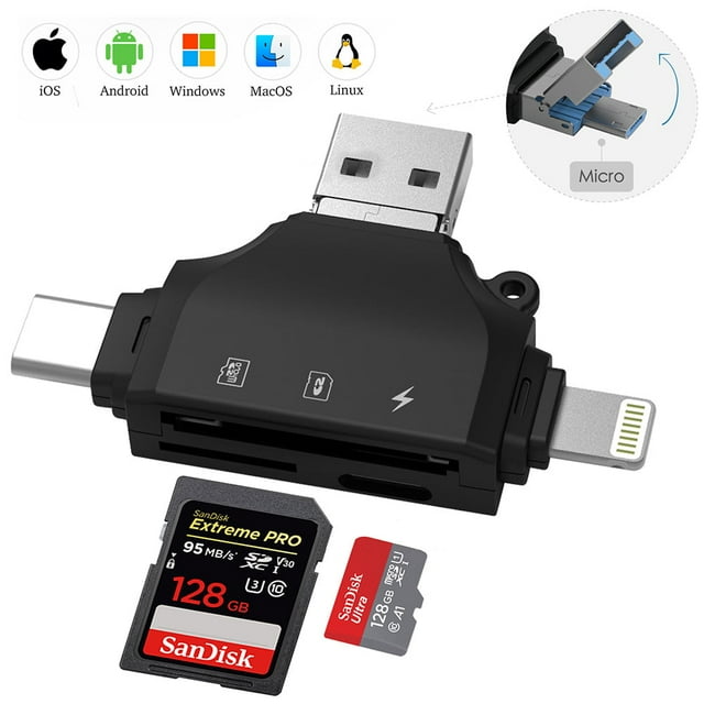 Camera Card Viewer, 4-in-1 SD Card Reader, Micro SD/TF Card Adapter To View Game Camera Photos and Videos on Smart Devices BLACK