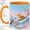 Orange, variant on Yellow Warbler Watercolor Coffee Mug, Spring Bird Mug, Daily Coffee Tea Cup for Home Office, Pink Cherry Blossom Branch with Blue Mountains, Minimal Nature Art, Bird Lovers Women Men