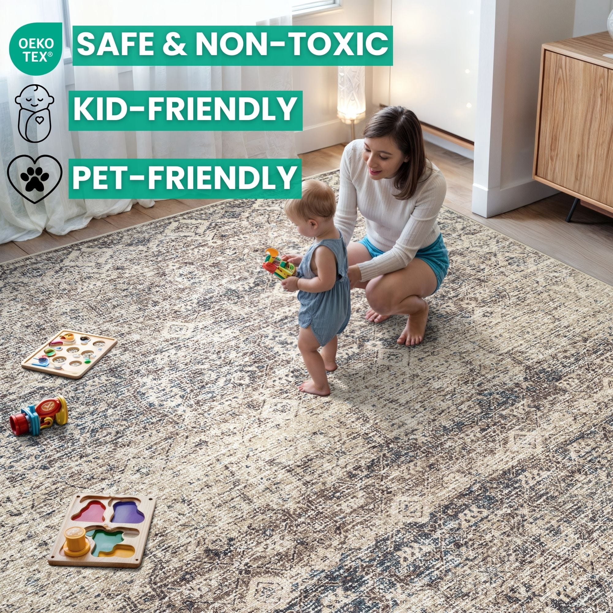 Bloom Rugs Washable Non-Slip 2x3 Rug - Beige Brown / Teal Traditional Oriental Area Rug for Living Room, Bedroom, Dining Room, and Kitchen - Exact size: 2' x 3'