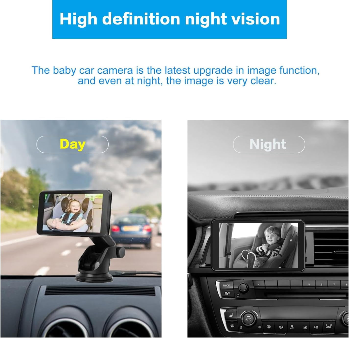 Baby Car Camera Monitor,5-Inch Display,Two Infrared Night Vision Cameras,360-Degree Adjustable,Split-Screen Display