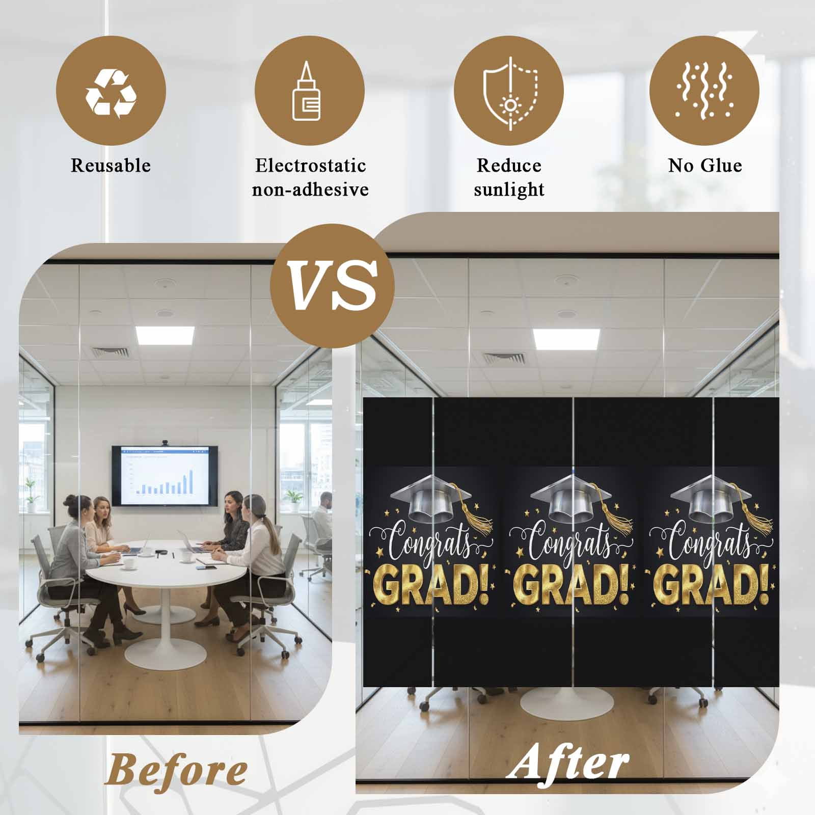 Graduate Season Window Privacy Film, Congrats Grad Bachelor's Cap Celebration Black Frosted Glass Window Clings Static Cling UV Heat Blocking Reusable Door Sticker for Bathroom 23.6 x 59 Inch