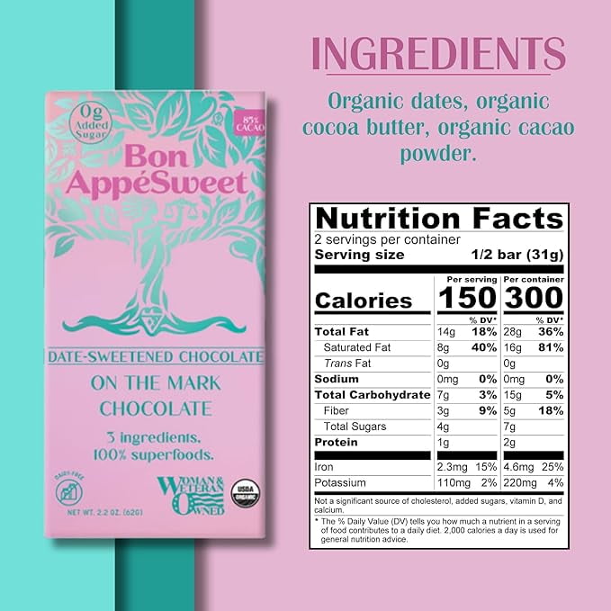 Bon Appesweet Date Sweetened Chocolate Bar - On The Mark Chocolate | 2.2 Ounce (Pack of 3) | Organic, Zero Added Sugar, 85% Cacao, Plant Based, Dairy Free, and Guilt Free!