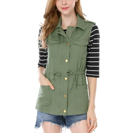Women's Sleeveless Functional Pockets Drawstring Waist Cargo Vest Jacket Coat Green S (US 6)