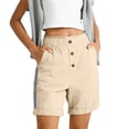 thumbnail image 2 of CQONEPT Shorts for Womens Buttons Side Striped Linen Shorts with Pockets Elastic Waist Fashion Short Pant Khaki 2XL, 2 of 7