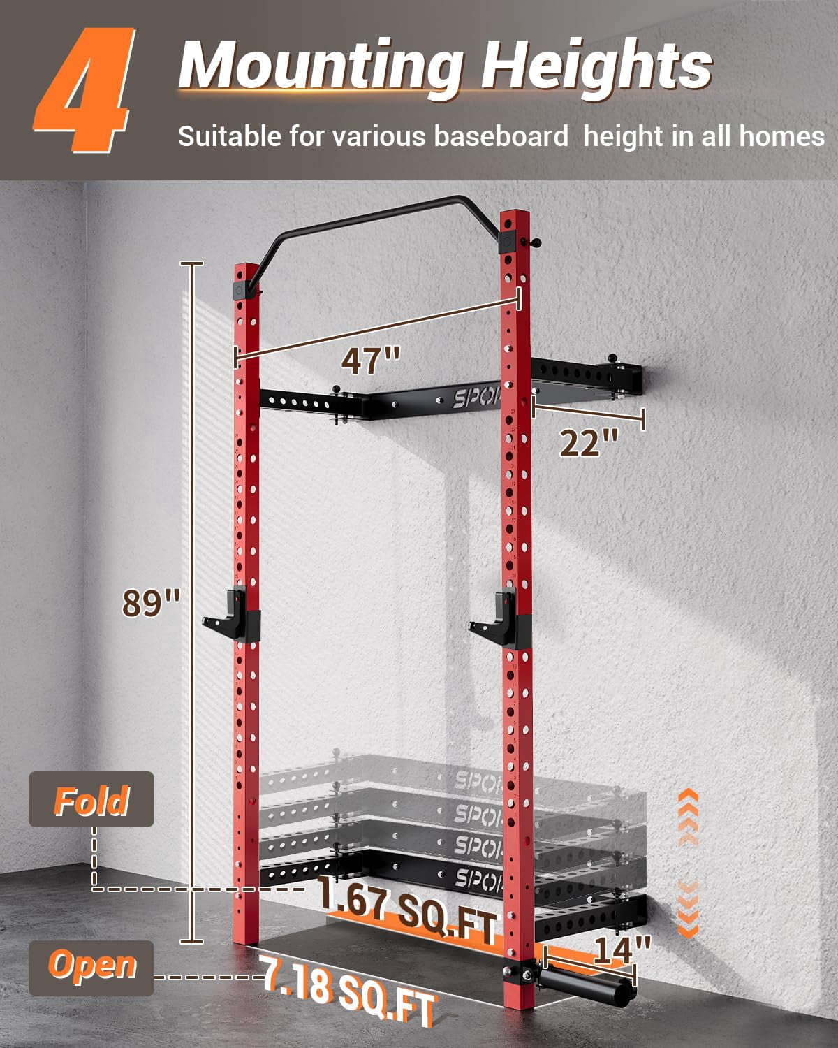 Folding Wall Mounted Squat Rack – 2.36" x 2.36" Power Rack for Home Gym, 1000 LBS Heavy-Duty with Pull-Up Bar, J-Hooks & Landmine Attachment – Space-Saving Strength Training Station