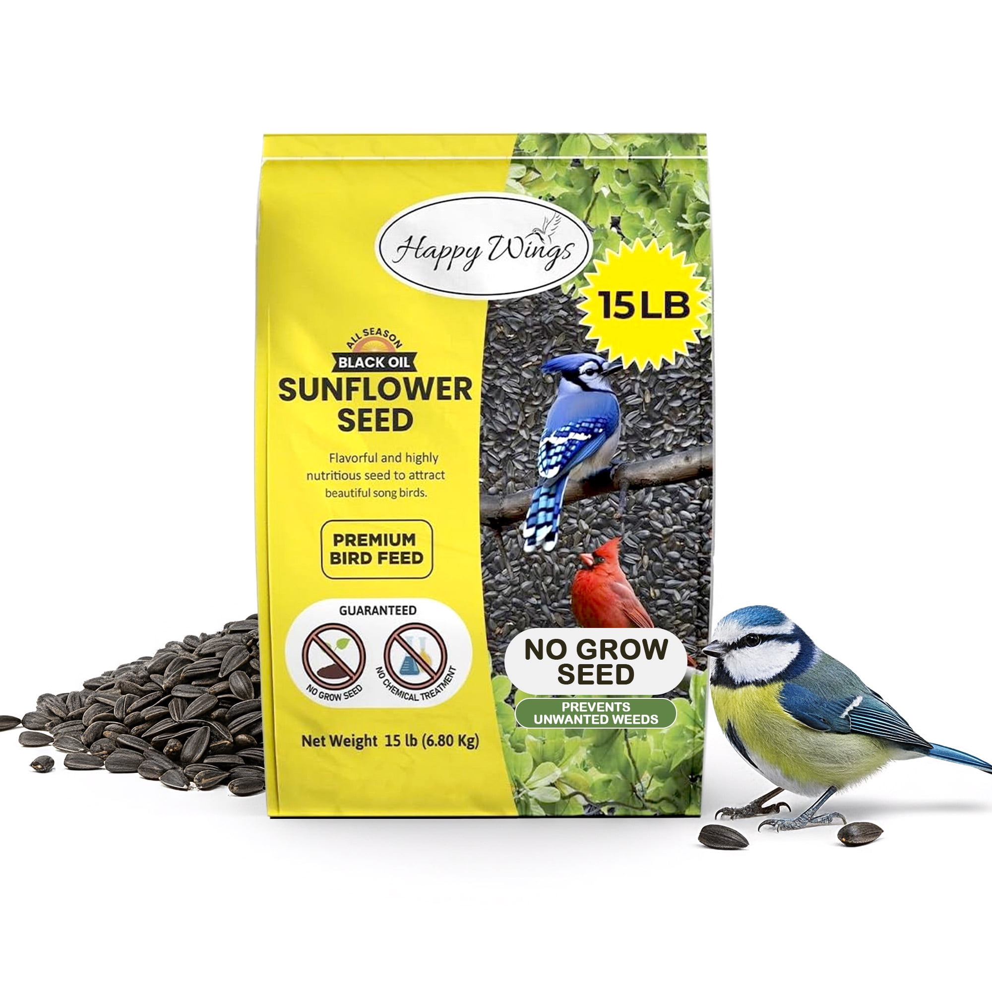 Happy Wings Black Oil Sunflower Bird Food, No Growth Seed, New 15 lb. Bag