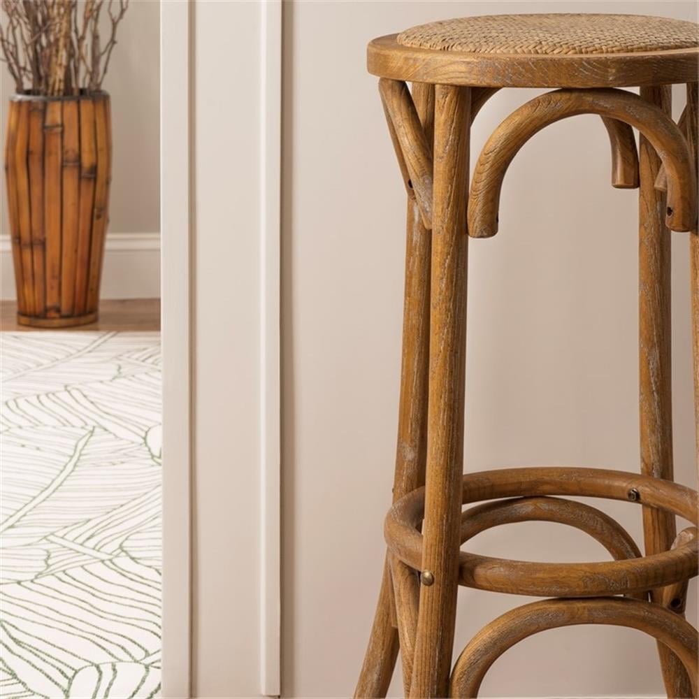 Linon Billy 30" Round Backless Rustic Bar Stool Woven Seat in Natural Wood