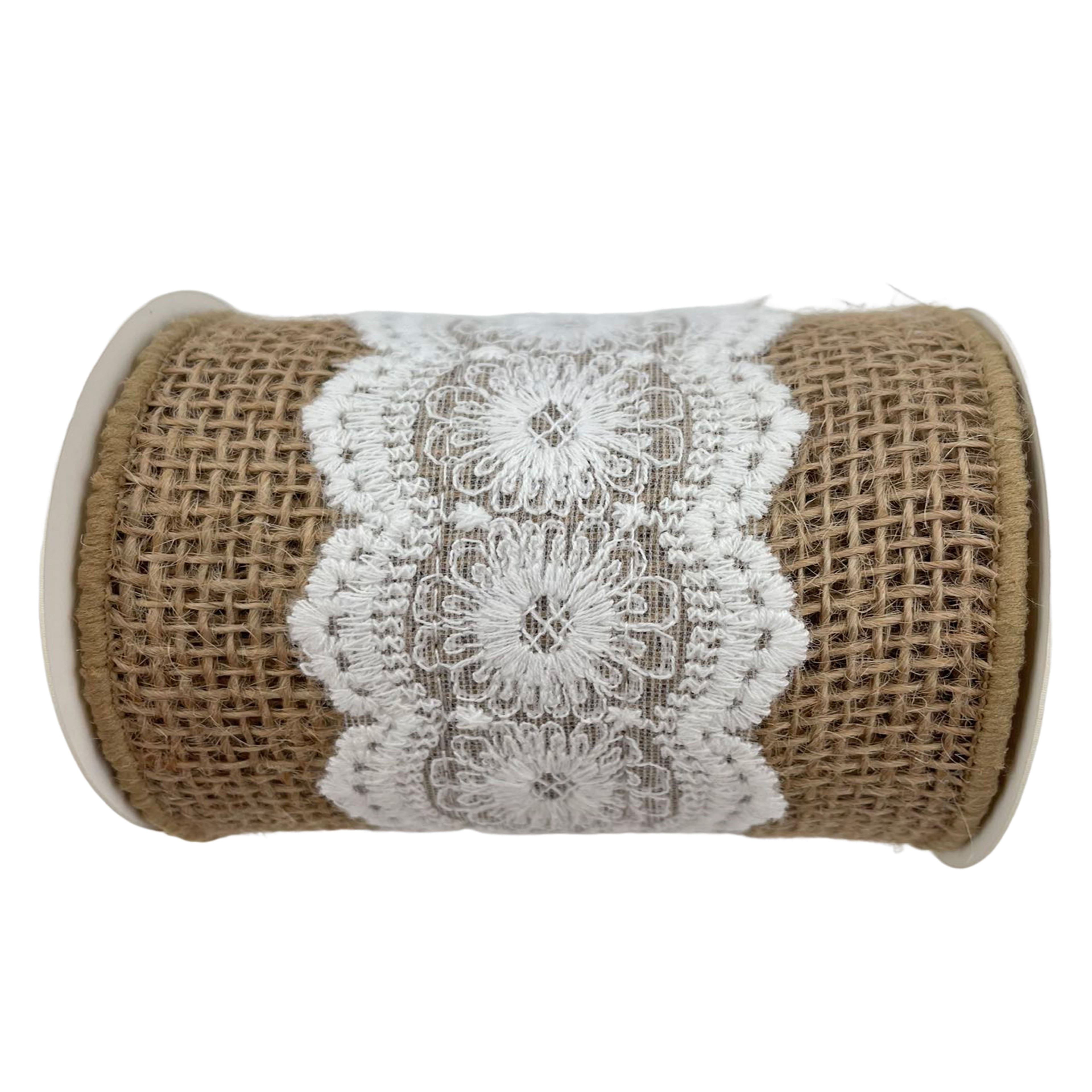 Celebrate It 3.5" x 2yd Natural Lace Burlap Ribbon - Rustic Jute with White Lace Trim, Non-Wired, Ideal for Crafts & Decor Accents, 12 Pack