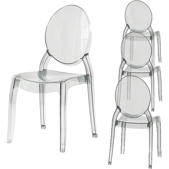 Fohfurniture Large Ghost Chairs Set of 4, Modern Acrylic Accent Dining Chairs, Kitchen and Restaurant Chairs, Circle-Back Armless Stackable Chair for Events, Weddings, Banquets Smoke Grey