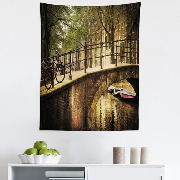 Cityscape Tapestry, Romantic Bridge over Canal Amsterdam Netherlands European Famous Northern City Photo, Fabric Wall Hanging Decor for Bedroom Living Room Dorm, 5 Sizes, Cream, by Ambesonne