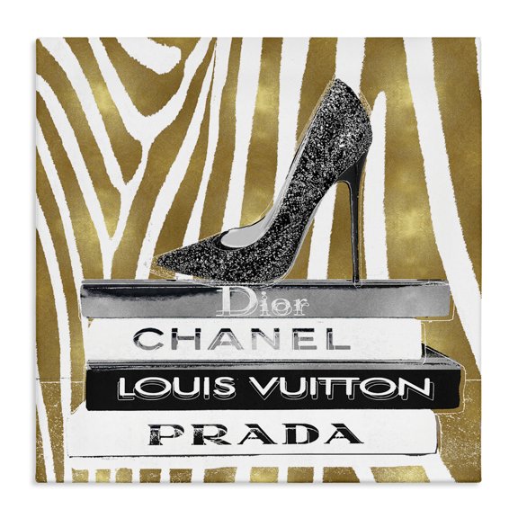 Stupell Industries Contemporary Fashion High Heel Bookstack Glam Gold Zebra Print Canvas Art, 17 x 17, by Madeline Blake