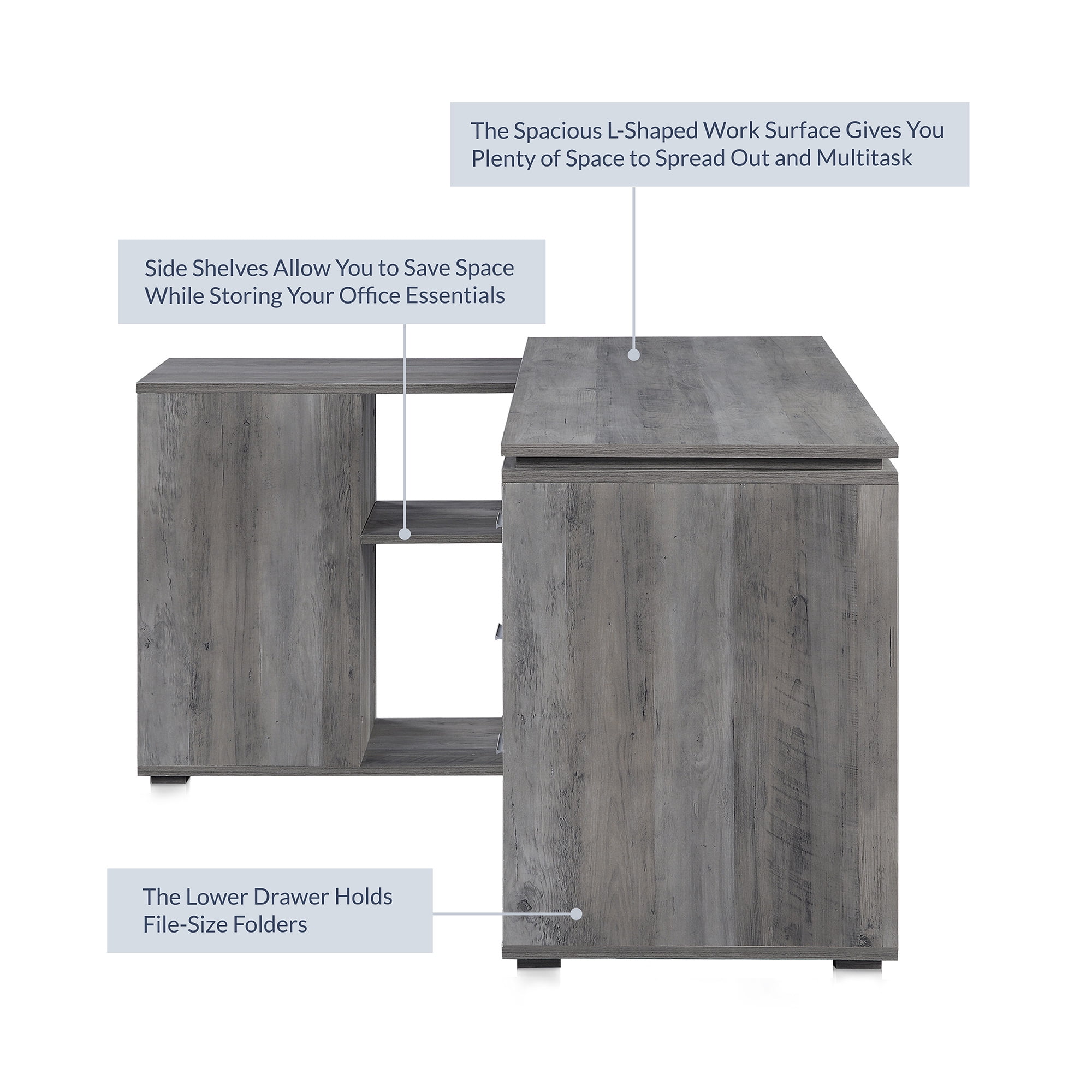 BELLEZE Trition L Shaped Computer Desk Home Office Corner Desk With Open Shelves And Drawers, Gray Wash