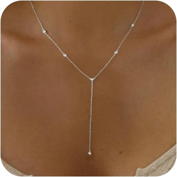 Lariat Necklace For Women, Dainty Layered Gold Long Necklaces 14K Gold Plated Beaded Bar Cz Drop Necklace Simple Gold Y Choker Necklaces For Women Trendy Gold Jewelry Gifts For Women[o5789]
