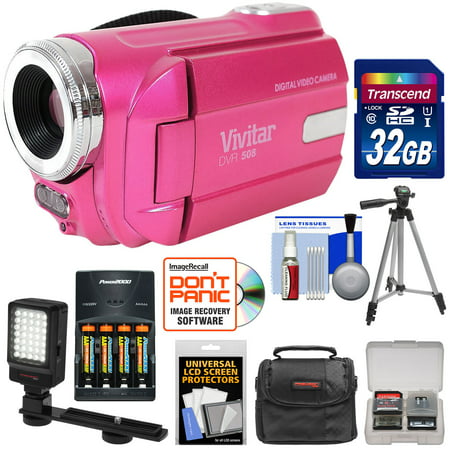 Vivitar DVR-508 HD Digital Video Camera Camcorder (Pink) with 32GB Card + Batteries & Charger + Case + LED Video Light + Tripod + (Best Hd Camcorder For Low Light Conditions)