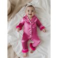 thumbnail image 4 of RUINIXCW Toddler Baby Girl Silk Stain Pajamas Newborn Infant Baby Girls Romper One Piece Spring Fall Sleepwear Lapel V Neck Fuzzy Trim Long Sleeve Button Up Jumpsuit Homewear, 4 of 9