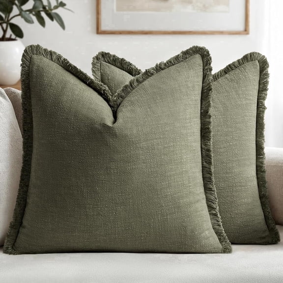 PLERISE 18x18 Inch Olive Green Linen Fringe Pillow Covers, Set of 2 Boho Farmhouse Cushion Covers with Tassels for Couch