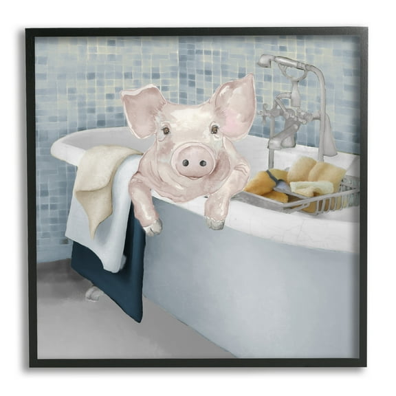 Stupell Pig Bathing Bathroom Tub Animal Animals & Insects Painting Black Framed Art Print Wall Art