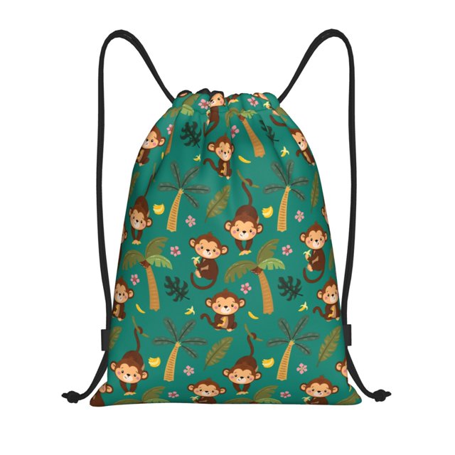 Fotbe Monkeys Swinging from Palms Pattern Drawstring Backpack, Gym Bag, Lightweight Backpack, Water-Resistant Bag Travel Sports Backpack, Fitness Bag, Yoga Bag-Small