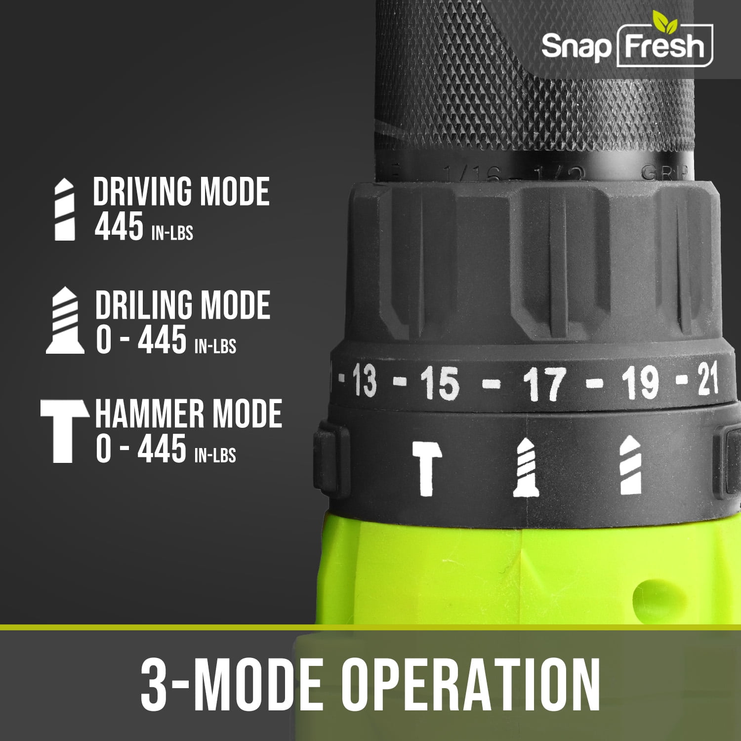 SnapFresh 20V Cordless Drill,1/2 Metal Chuck , 445In-Lbs, 21+1 Torque Setting, 2.0Ah Battery