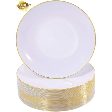 100 Pieces Gold Plastic Plates - White with Gold Rim Disposable Plates ...
