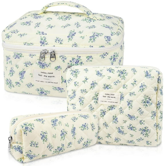 Set de bolsitas de maquillaje Gosect acolchadas, grandes, florales, cosméticas, color azul