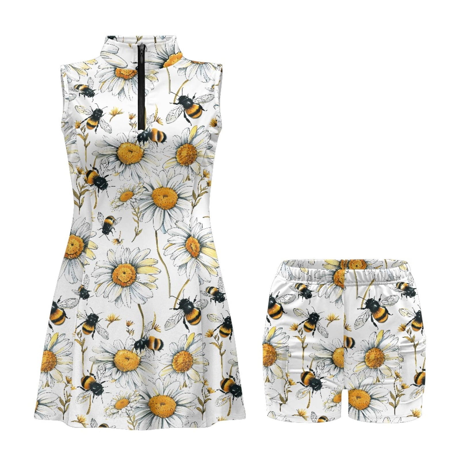 COEQINE Bee and Daisy Floral White Print Tennis Dress for Women Quick Dry Elastic Sports Dresses with Shorts 2 Pockets Sleeveless 2 Piece Set Golf Outfits with Collared Design, L