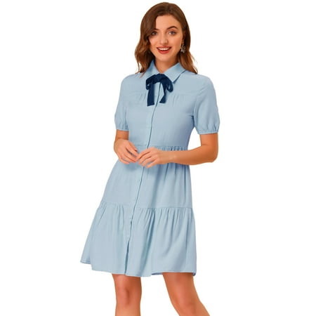 Women s Tiered Bow Tie Collar Flare Babydoll A line Dress Light Blue L