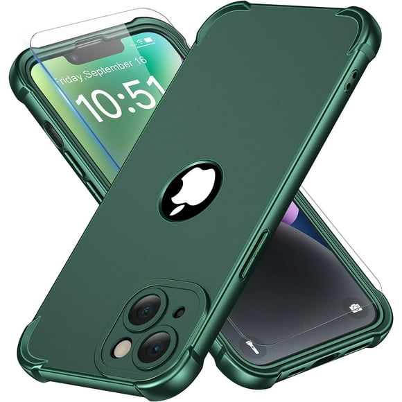 TRAHOO-for iPhone 14 Plus Case with [2 x Screen Protector] [10 FT Military Grade Drop Test] [Camera Protection] Shockproof Thin iPhone 14 Plus Phone Case 6.7"-Green