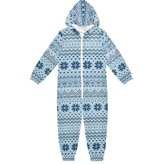 Winter Blue Snowflake Boys & Girls Hooded One-Piece Pajamas Warm Crystal velvet Hooded Long Sleeve Loungewear Jumpsuit Unisex