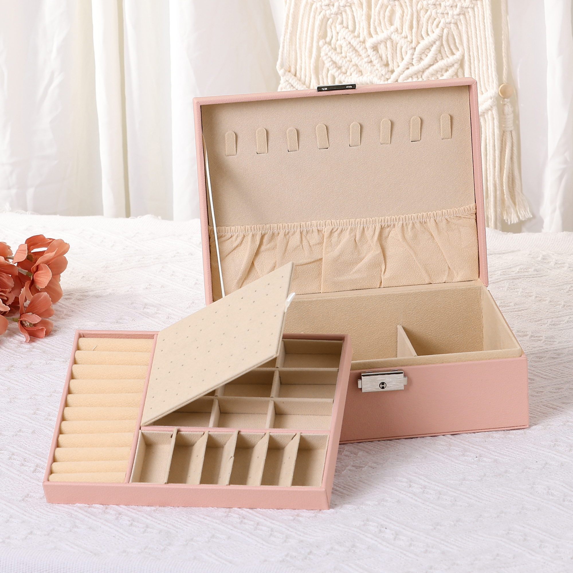 Unique Bargains Jewelry Box Small PU Leather Jewelry Organizer Case Storage Display Holder Pink