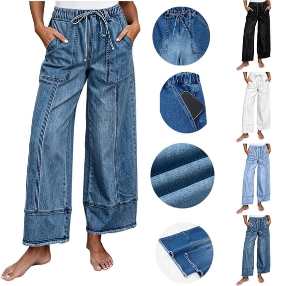 SwiftWear Women's Wide Leg Jeans High Waisted Baggy Trousers Casual Stretchy Drawstring Denim Pants