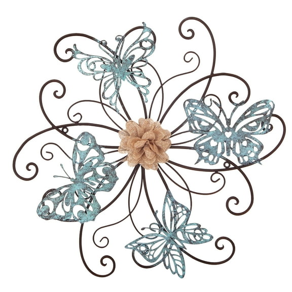Joveco Flower and Butterfly Metal Wall Decor Home Art Decoration for Modern Farmhouse Rustic Home or Office Decor Blue
