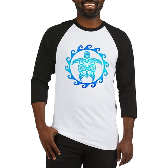 CafePress - Blue Tribal Turtle Sun Baseball Jersey - Cotton Baseball Jersey, 3/4 Raglan Sleeve Shirt