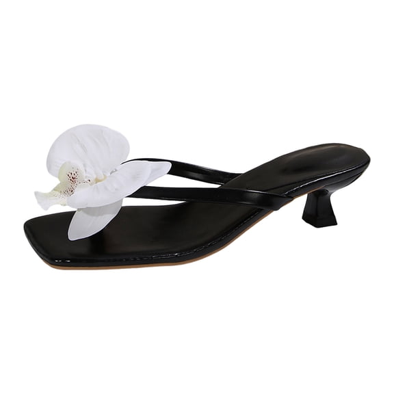 Women's Square Toe Floral Kitten Heels Beach Sandals Flower Summer Tong Sandal Comfortable Non Slip Flip Flops Black Size 8.5