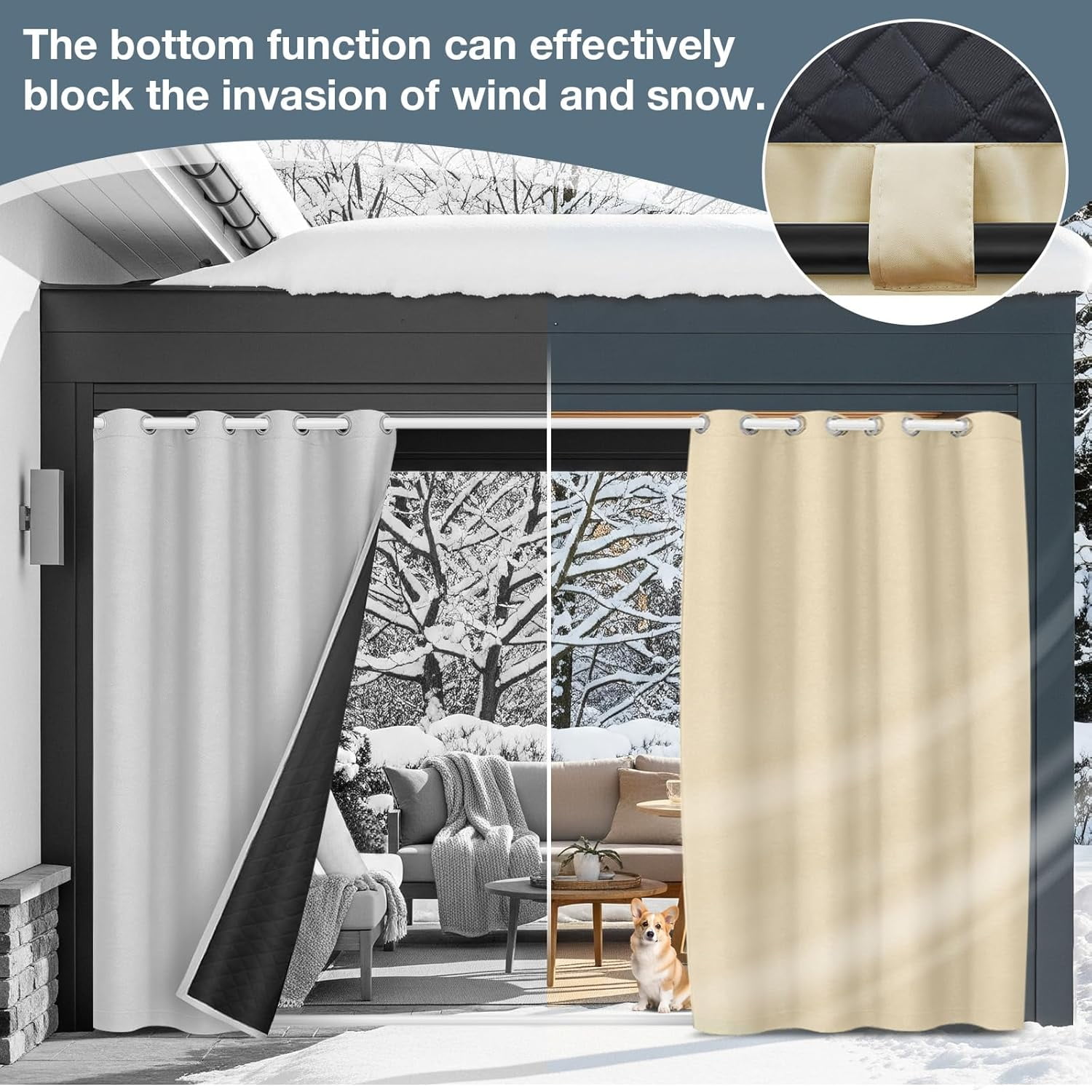 Qelus Thermal Insulated Outdoor Curtains for Winter, 52''x 96''Grommet Waterproof Quilted Blackout Curtains for Patio, Beige, 1 Panel