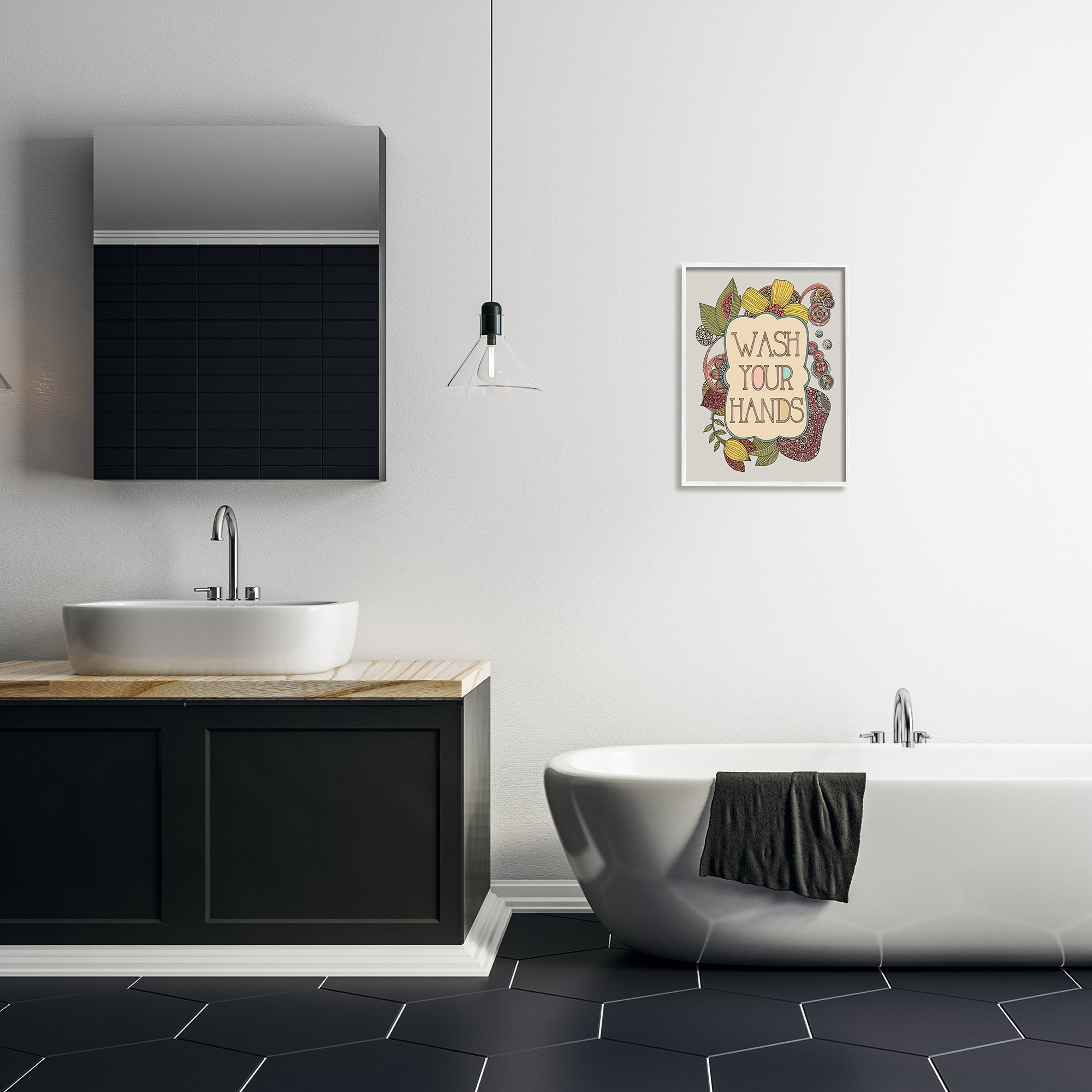 Stupell Industries Wash Your Hands Bathroom Sign Intricate Floral Details Graphic Art White Framed Art Print Wall Art, Design by Valentina Harper