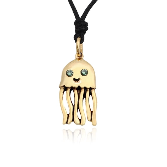 Green Jelllyfish Handmade Brass Necklace Pendant Jewelry With Cotton Cord