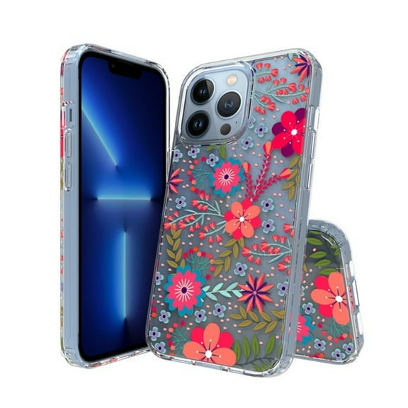 For Apple iPhone 13 (6.1") Floral Patterns Design Transparent Soft TPU Silicone Shock Bumper Slim Hard Back Phone Case Cover by Xpression [Red Blooms Blossom]