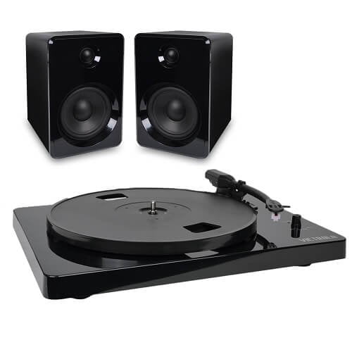 victrola modern matte black turntable with bluetooth speakers