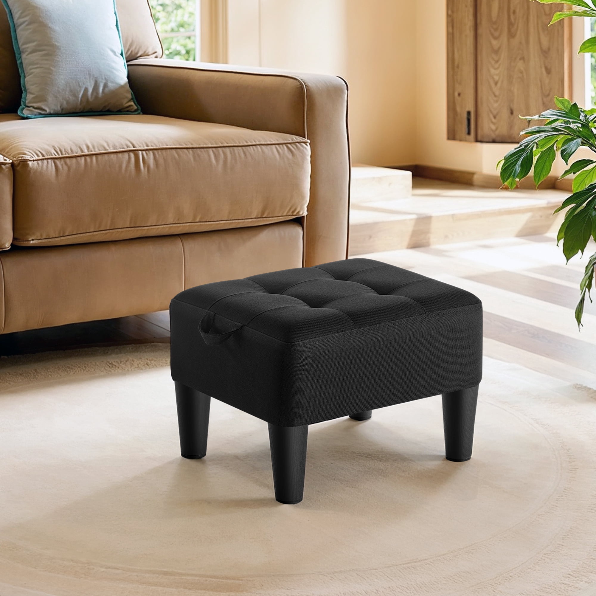 LEDREM Small Footstool Ottoman with Thick Cushion, Angled Legs & Hidden Storage Compartment, for Living Room Bedroom Entryway, Supports 330 lbs, Ink Black
