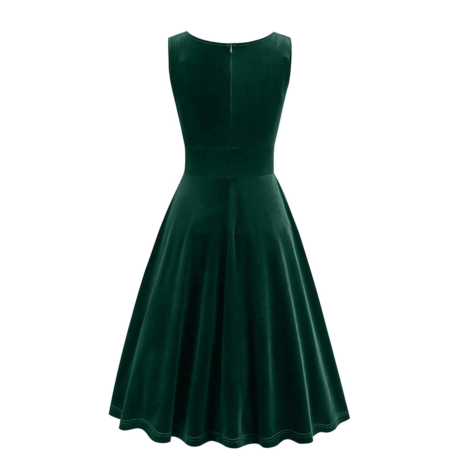 Vintage Velvet Dress for Women Party 2025 Sleeveless Pleated Wrap V Neck Ball Gown Tea Length Cocktail Dress (Medium, Green)