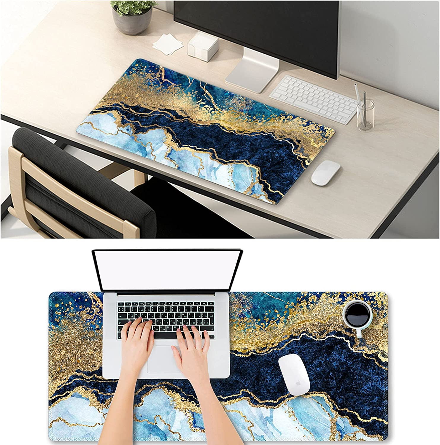 Extended Gaming Mouse Pad XXL Large Keyboard Mat Long Mousepad Desk Decor Writing Pad Non Slip Rubber Base Stitched Edges for Work, Game, Office, Home, 35.1" x 15.7" , Blue Marble